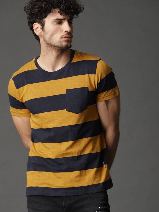 Color Block Men Round Neck Yellow T-Shirt Price in India