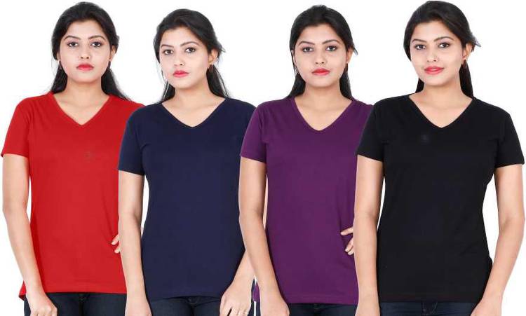 Solid Women V Neck Purple, Dark Blue, Red, Black T-Shirt