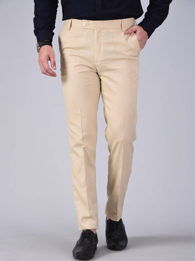 Regular Fit Men Cream Cotton Blend Trousers