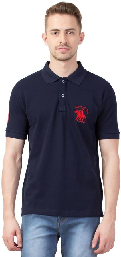 Applique Men Polo Neck Blue T-Shirt