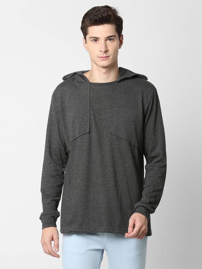 Self Design Men Hooded Neck Grey T-Shirt