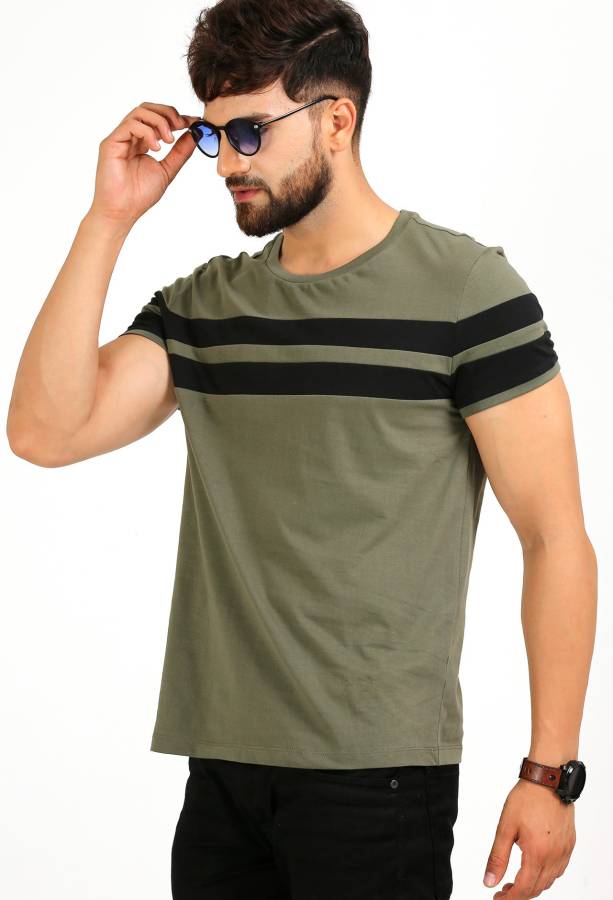 Striped Men Round Neck Black, Light Green T-Shirt Price in India