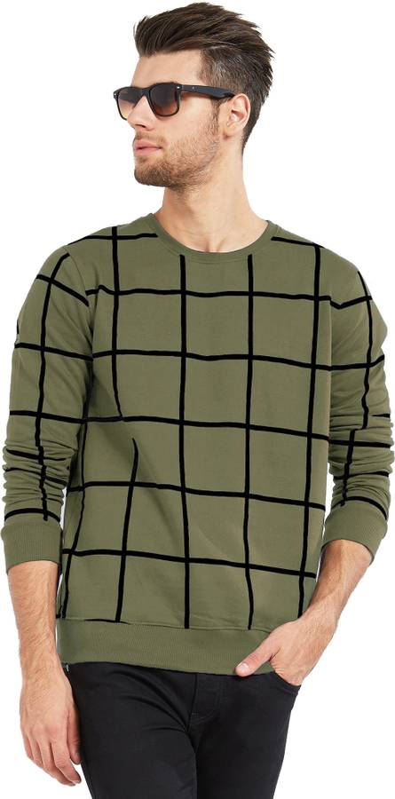 Checkered Men Round Neck Dark Green, Black T-Shirt