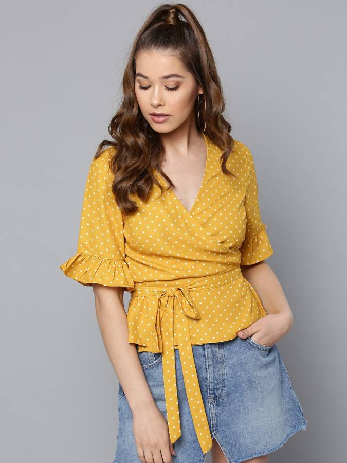 Casual Bell Sleeves Printed Women White, Yellow Top Price in India