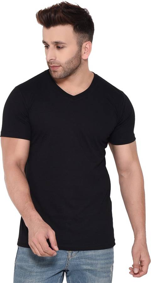 Solid Men V Neck Black T-Shirt Price in India