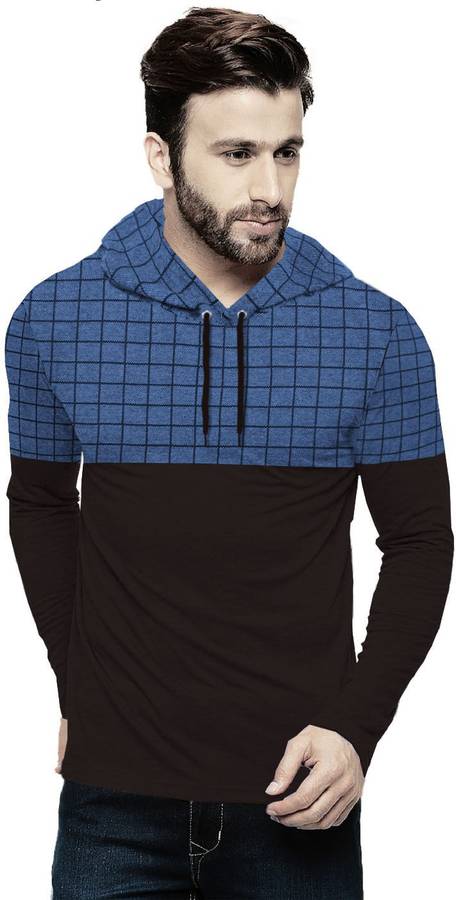 Checkered Men Hooded Neck Blue, Black T-Shirt