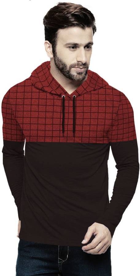 Checkered Men Hooded Neck Red, Black T-Shirt Price in India