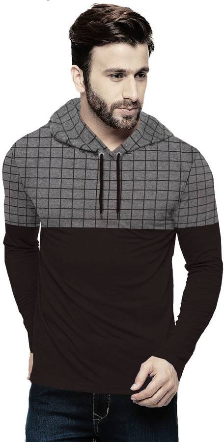 Checkered Men Hooded Neck Black, Grey T-Shirt