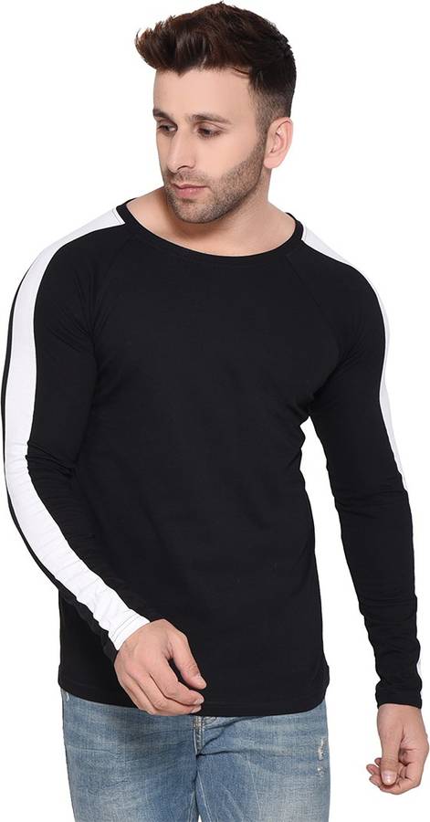 Striped Men Round Neck Black T-Shirt