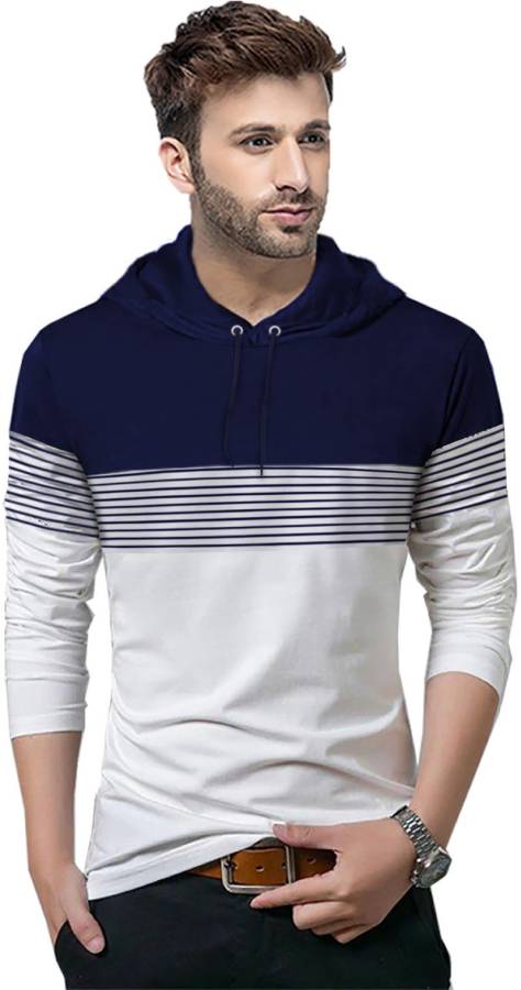 Color Block, Striped Men Hooded Neck Dark Blue, White T-Shirt