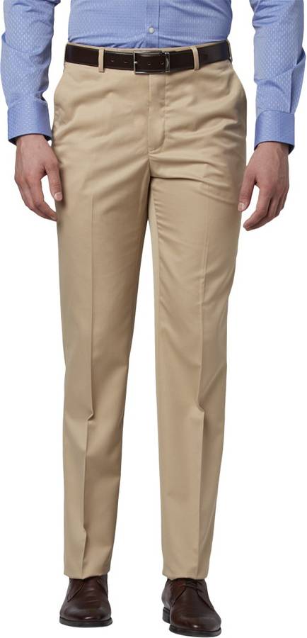 Regular Fit Men Beige Polyester Viscose Blend Trousers