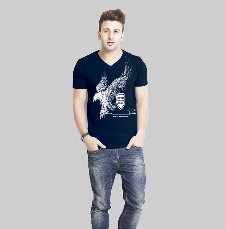 Printed Men V Neck Dark Blue T-Shirt