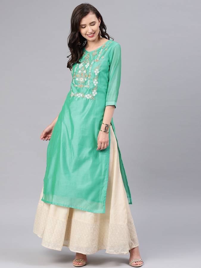 Women Embroidered Poly Chanderi Straight Kurta