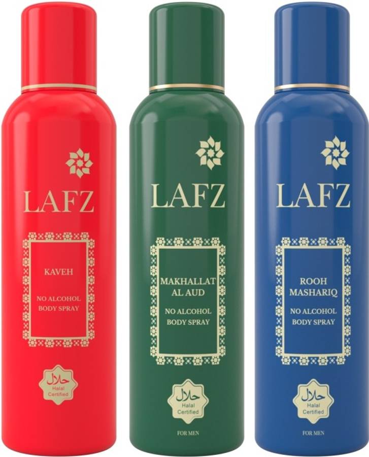 Lafz No Alcohol Deodorant - Kaveh, Oudh & Sun-rise Fresh - Combo of 3 (150 ml each) Deodorant Spray  -  For Men