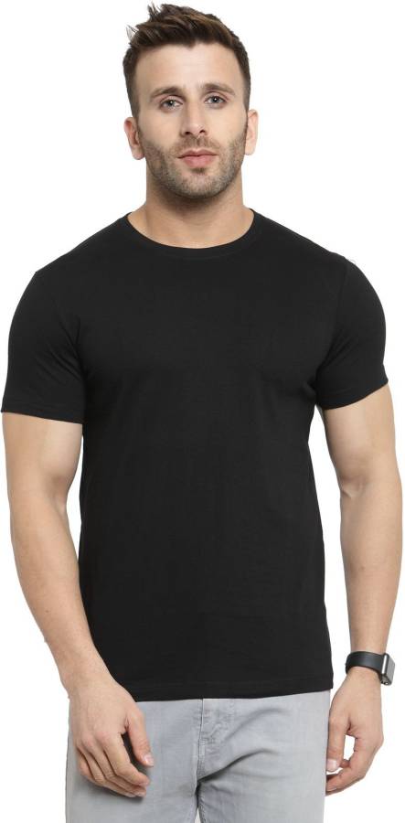 Solid Men Round Neck Black T-Shirt Price in India