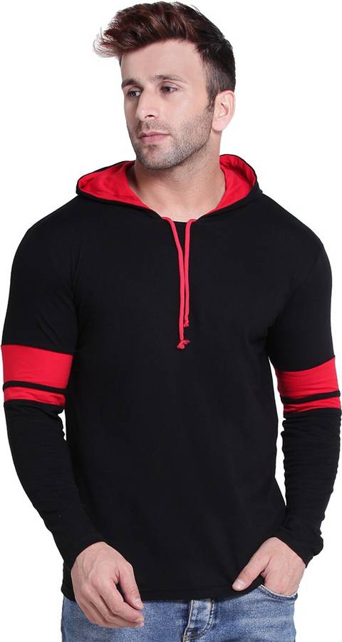 Solid Men Hooded Neck Black T-Shirt Price in India