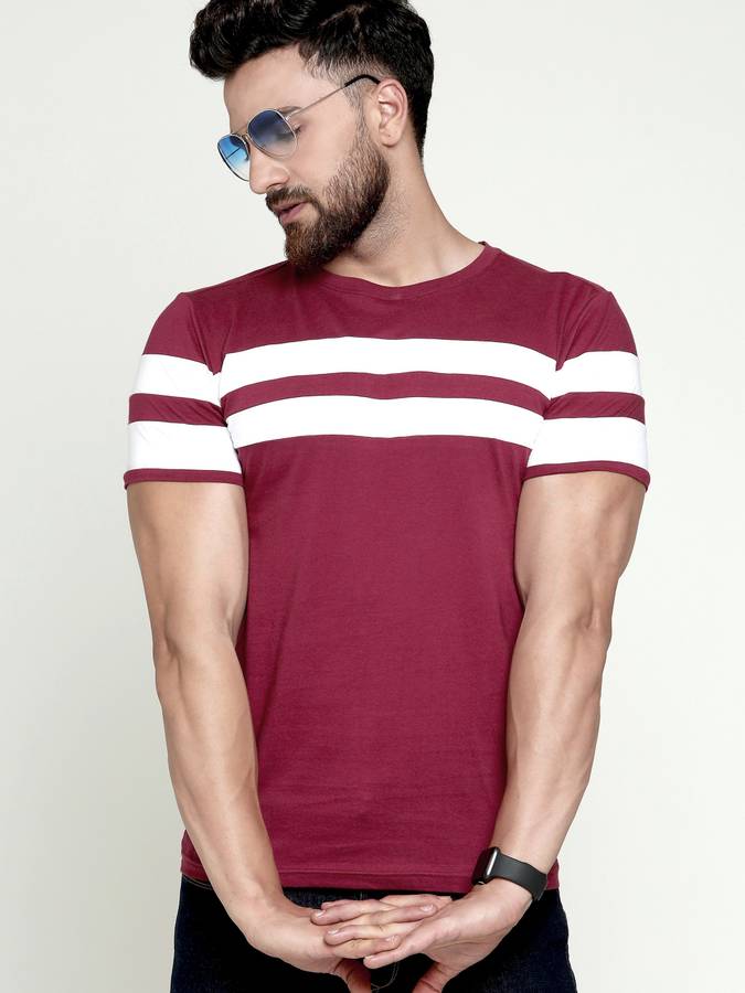 Color Block Men Round Neck White, Maroon T-Shirt