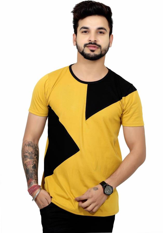 Solid Men Mandarin Collar Yellow T-Shirt Price in India