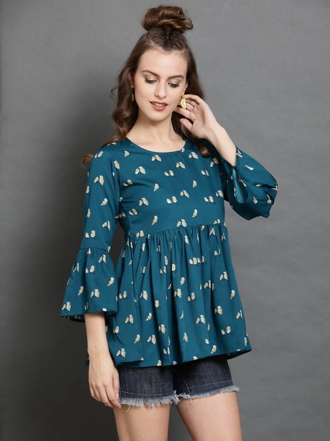 Casual Bell Sleeve Printed Women Blue, Beige Top Price in India