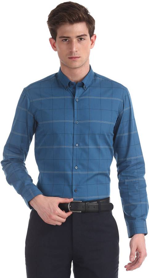 Men Super Slim Fit Checkered Button Down Collar Formal Shirt