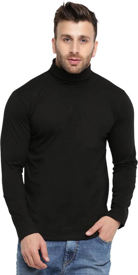 Solid Men High Neck Black T-Shirt