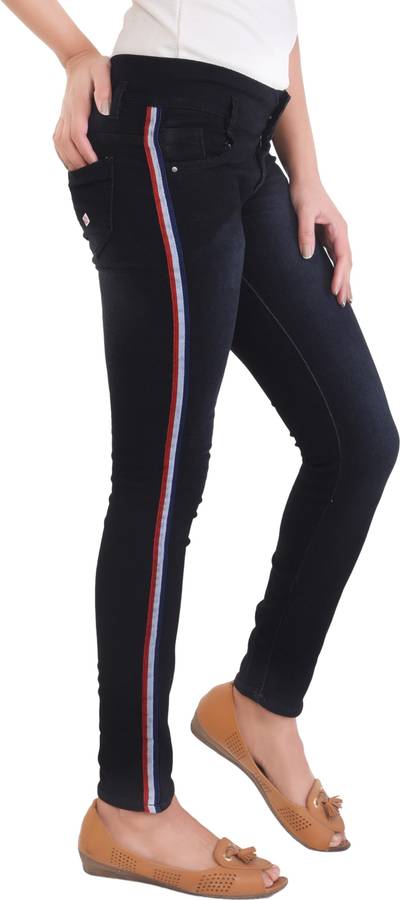 Side Stripe Skinny Women Black Jeans