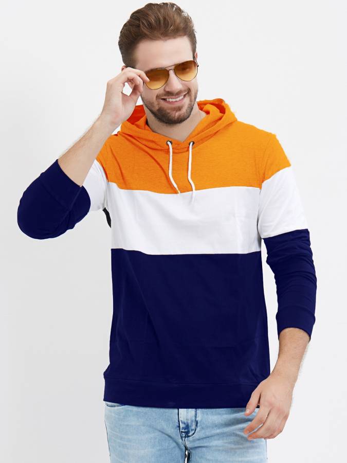 Color Block Men Hooded Neck White, Blue, Orange T-Shirt Price in India