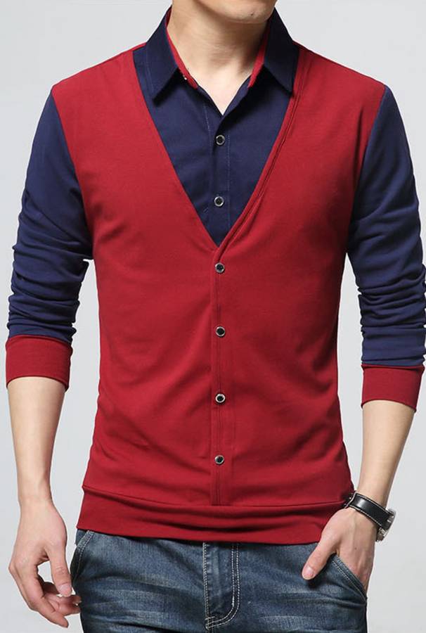 Men Slim Fit Color Block Spread Collar Casual Shirt