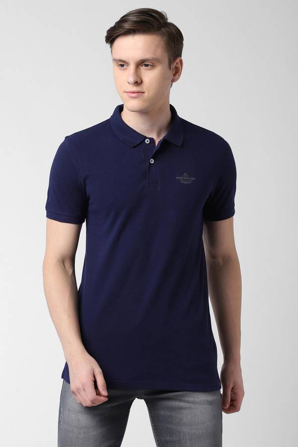 Solid Men Collared Neck Dark Blue T-Shirt