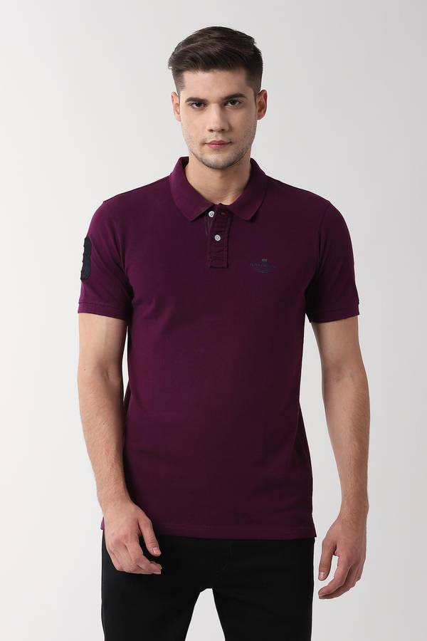 Solid Men Polo Neck Purple T-Shirt