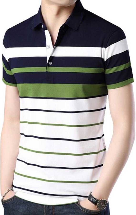 Striped Men Polo Neck Dark Blue, Green, Black T-Shirt