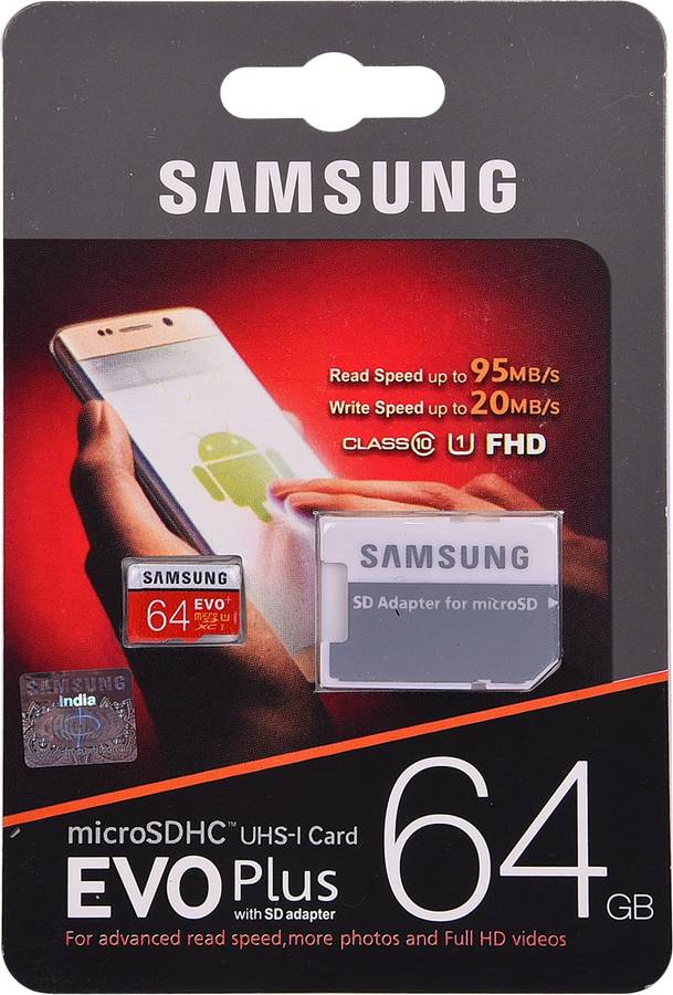 Samsung EVO Plus with SD adapter 64 GB MicroSDHC Class 10 95 MB/s Memory Card