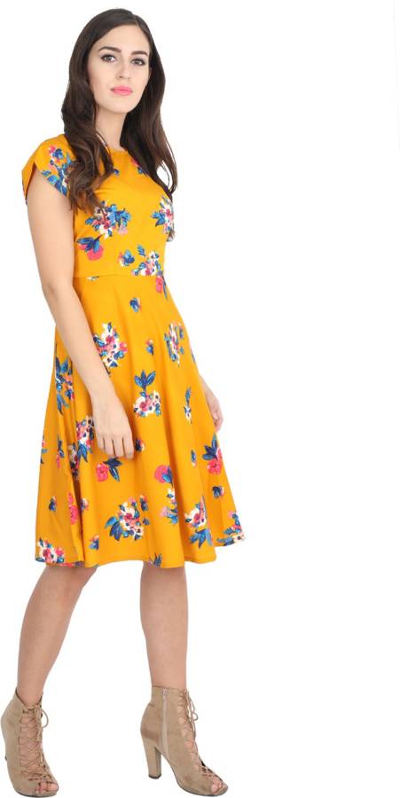 Women Fit and Flare Yellow Dress With Mask Price in India