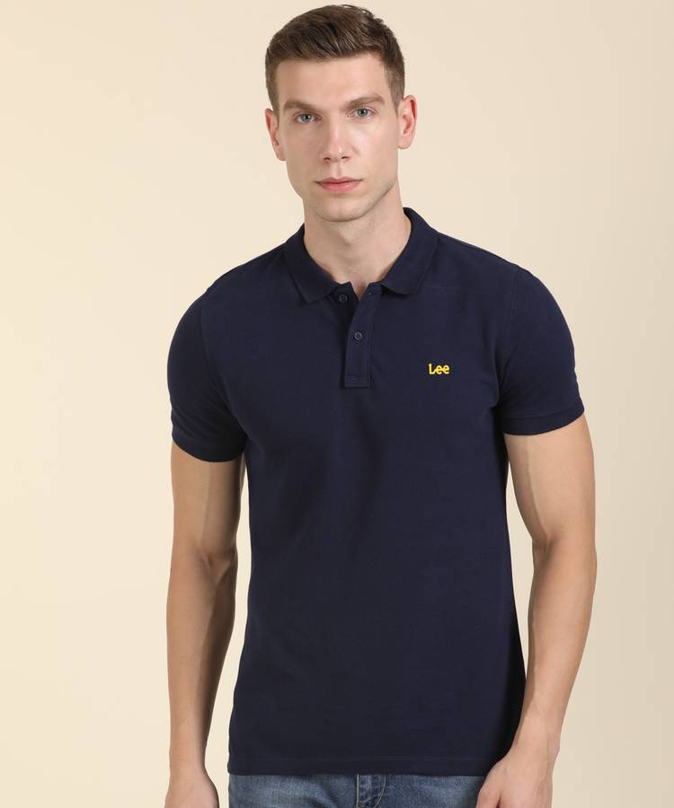 Solid Men Polo Neck Dark Blue T-Shirt