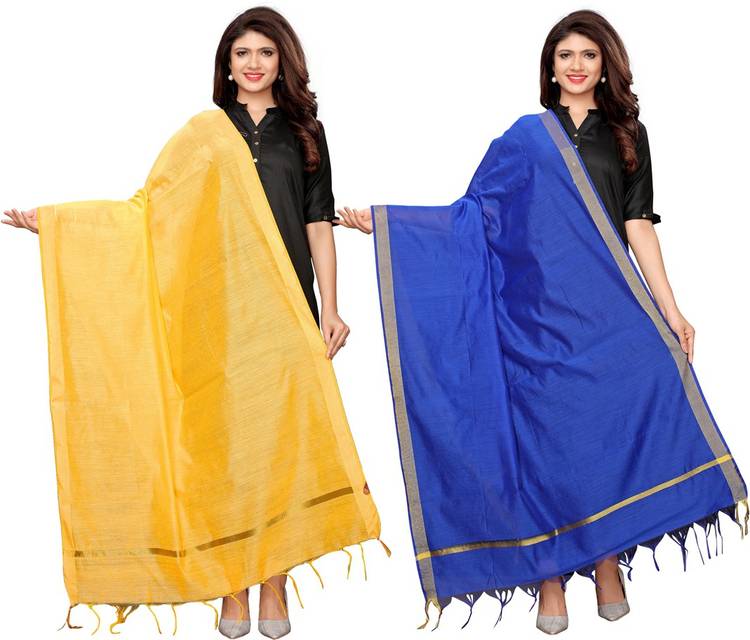 Cotton Blend, Poly Silk Woven, Embellished, Solid Blue, Yellow Women Dupatta