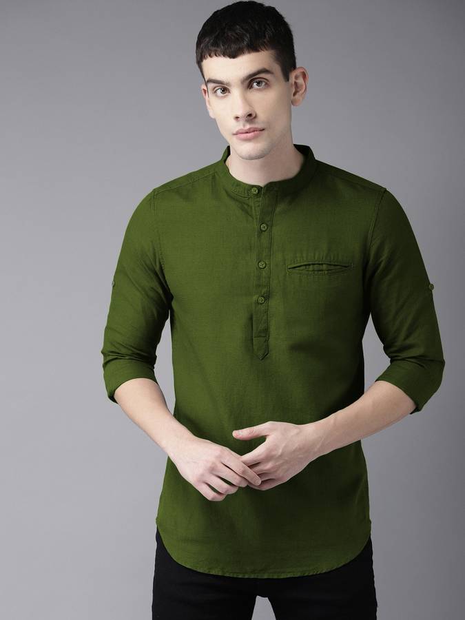 Men Self Design Cotton Linen Blend Straight Kurta