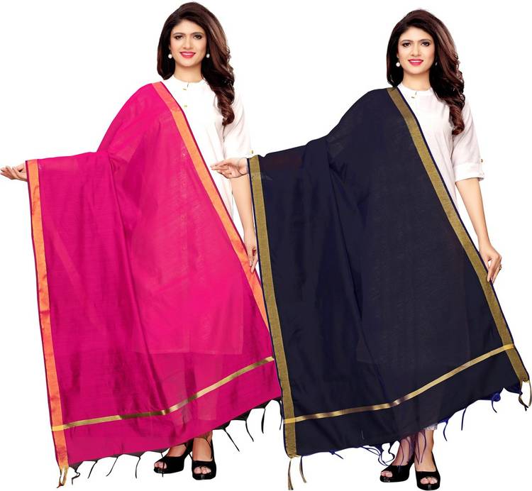 Cotton Blend, Poly Silk Striped, Woven, Embellished, Solid Dark Blue, Pink Women Dupatta