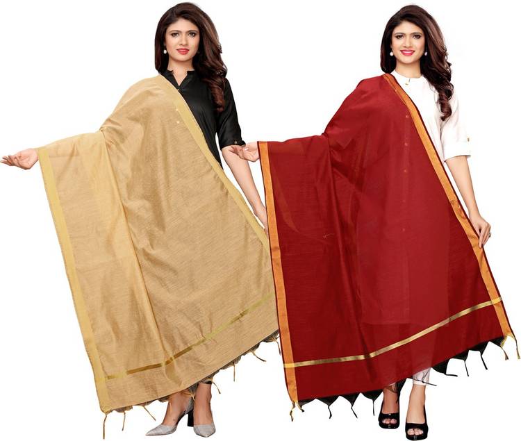 Cotton Blend, Poly Silk Striped, Woven, Embellished, Solid Maroon, Beige Women Dupatta