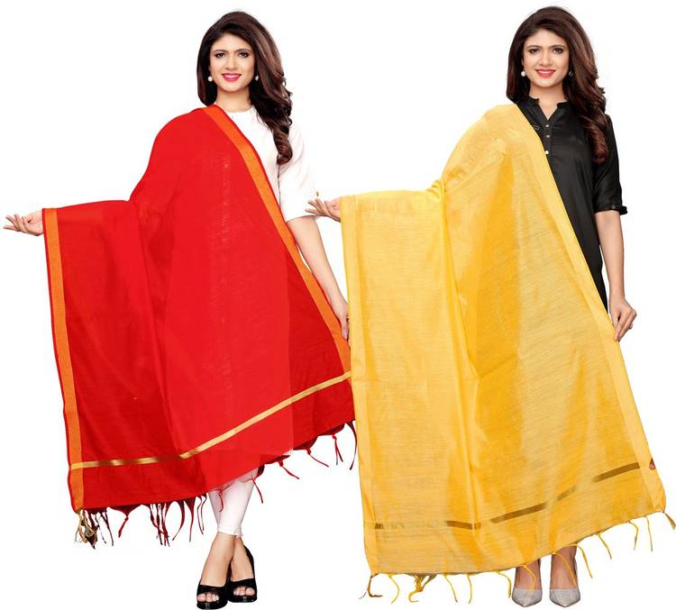 Cotton Blend, Poly Silk Striped, Woven, Embellished, Solid Red, Yellow Women Dupatta