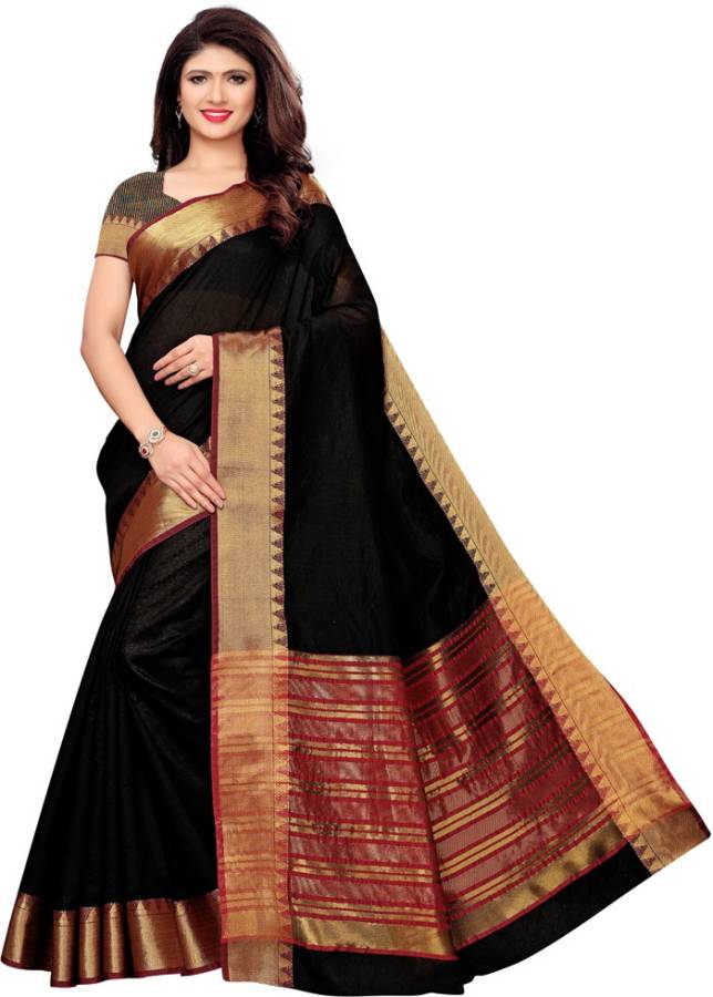 Temple Border, Striped, Woven, Embellished Banarasi Pure Silk, Cotton Blend Saree