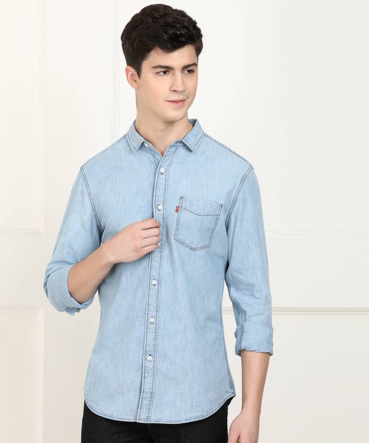 Men Washed Slim Fit Casual Spread Collar Shirt