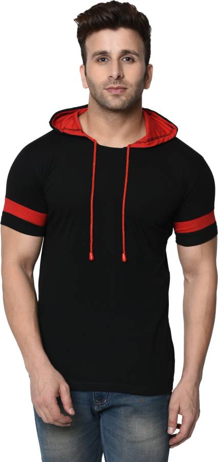 Color Block Men Hooded Neck Black T-Shirt Price in India