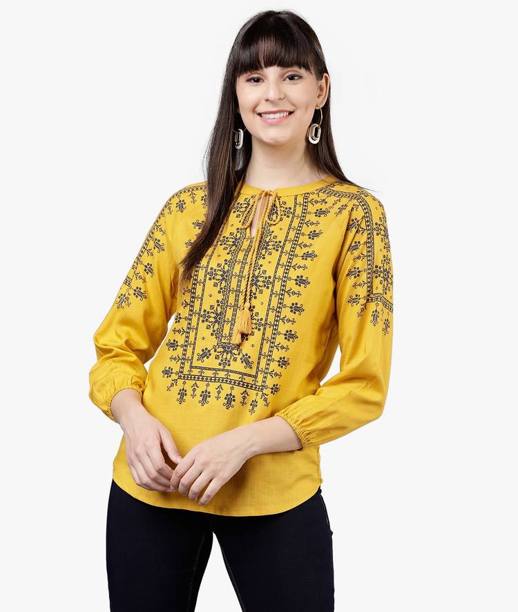 Casual 3/4 Sleeve Printed Women Yellow Top