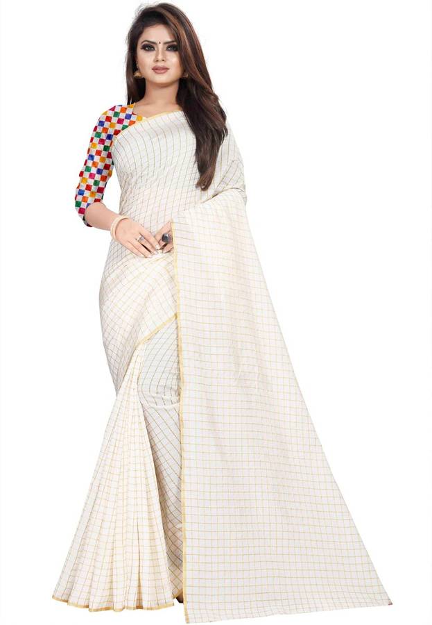 Checkered Fashion Cotton Blend, Poly Silk Saree