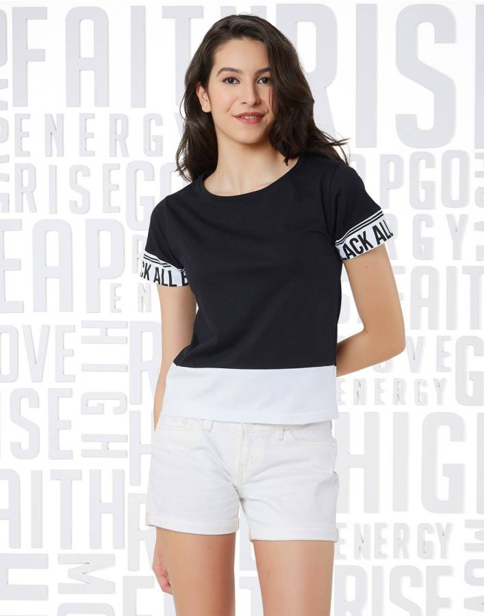 Typography Women Henley Neck White, Black T-Shirt