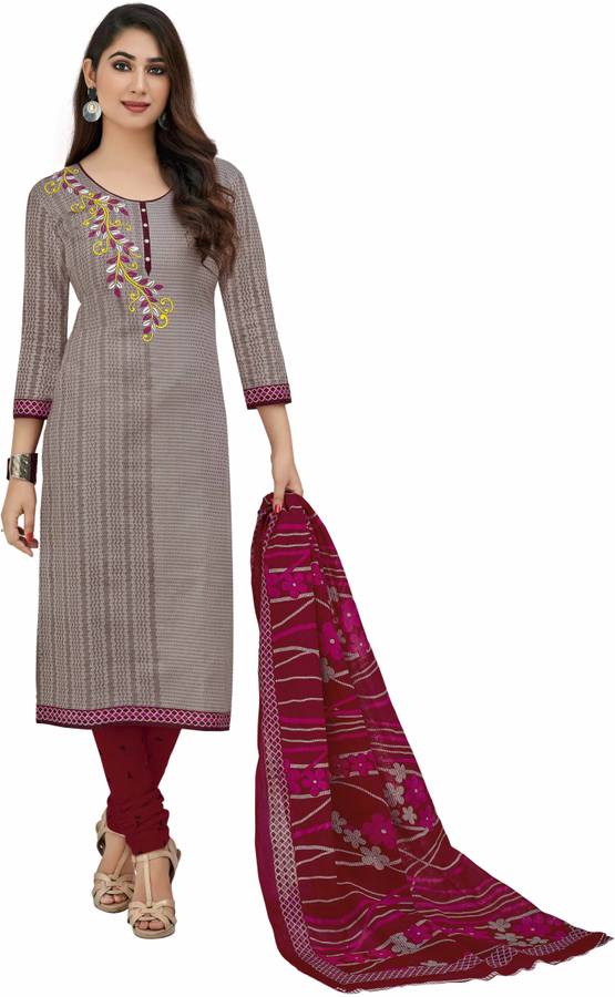 Cotton Printed, Embroidered Kurta & Churidar Material