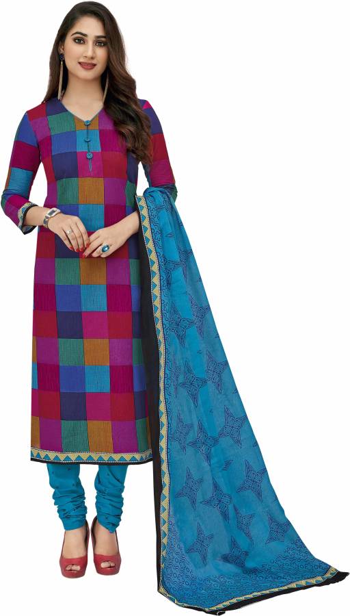 Unstitched Cotton Blend Kurta & Churidar Material Printed, Colorblock Price in India