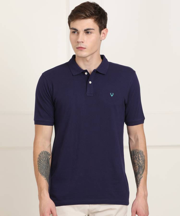 Solid Men Polo Neck Dark Blue T-Shirt Price in India