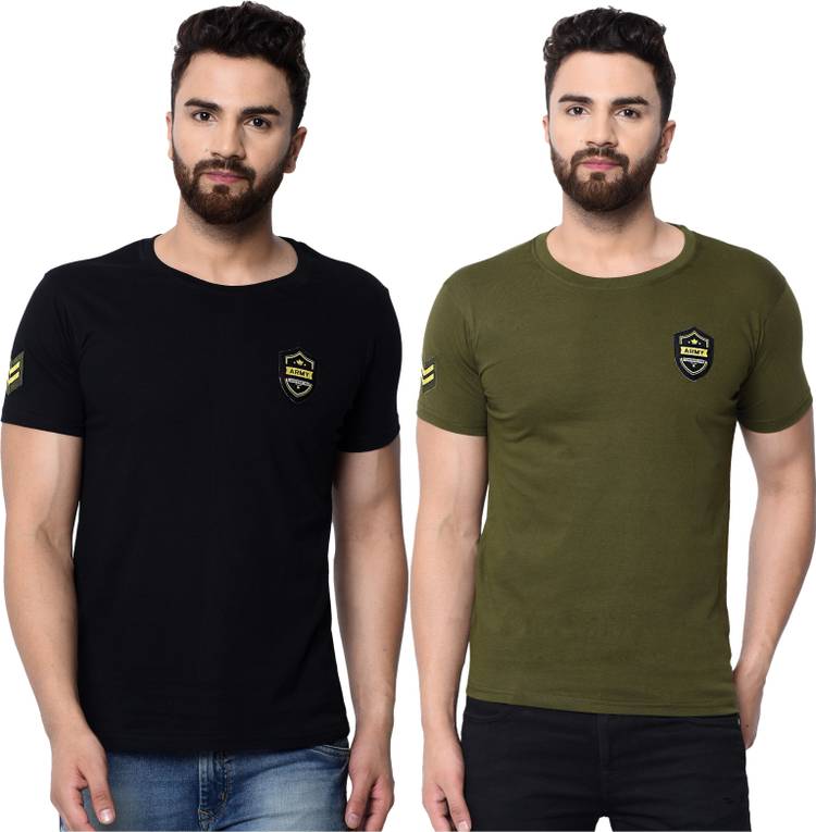 Solid Men Round Neck Green, Black T-Shirt Price in India