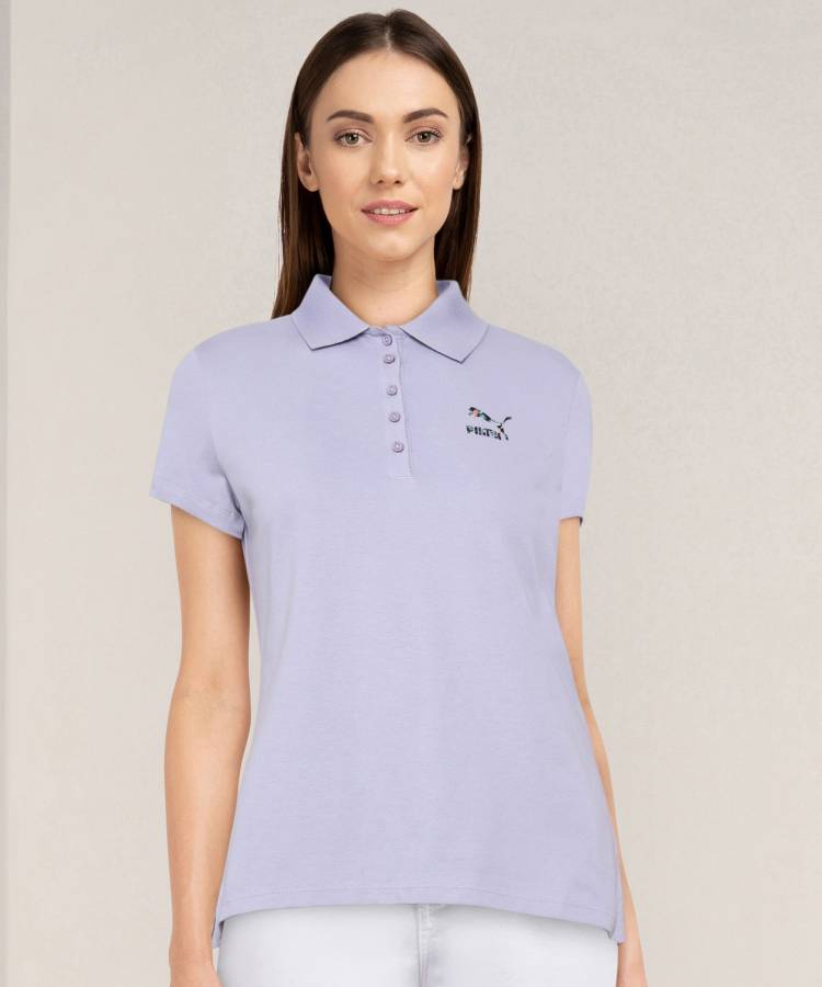 Solid Women Polo Neck Purple T-Shirt Price in India